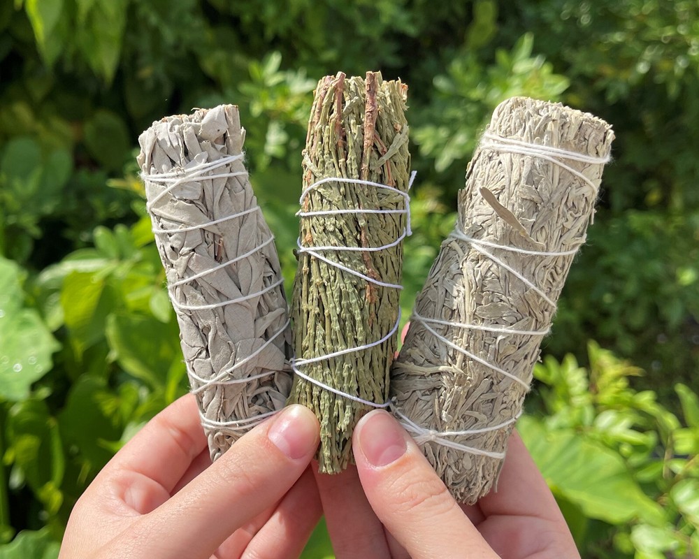 Smudge Kit: Abalone Shell, Cedar, Blue Sage, White Sage Smudge, Feather & Stand