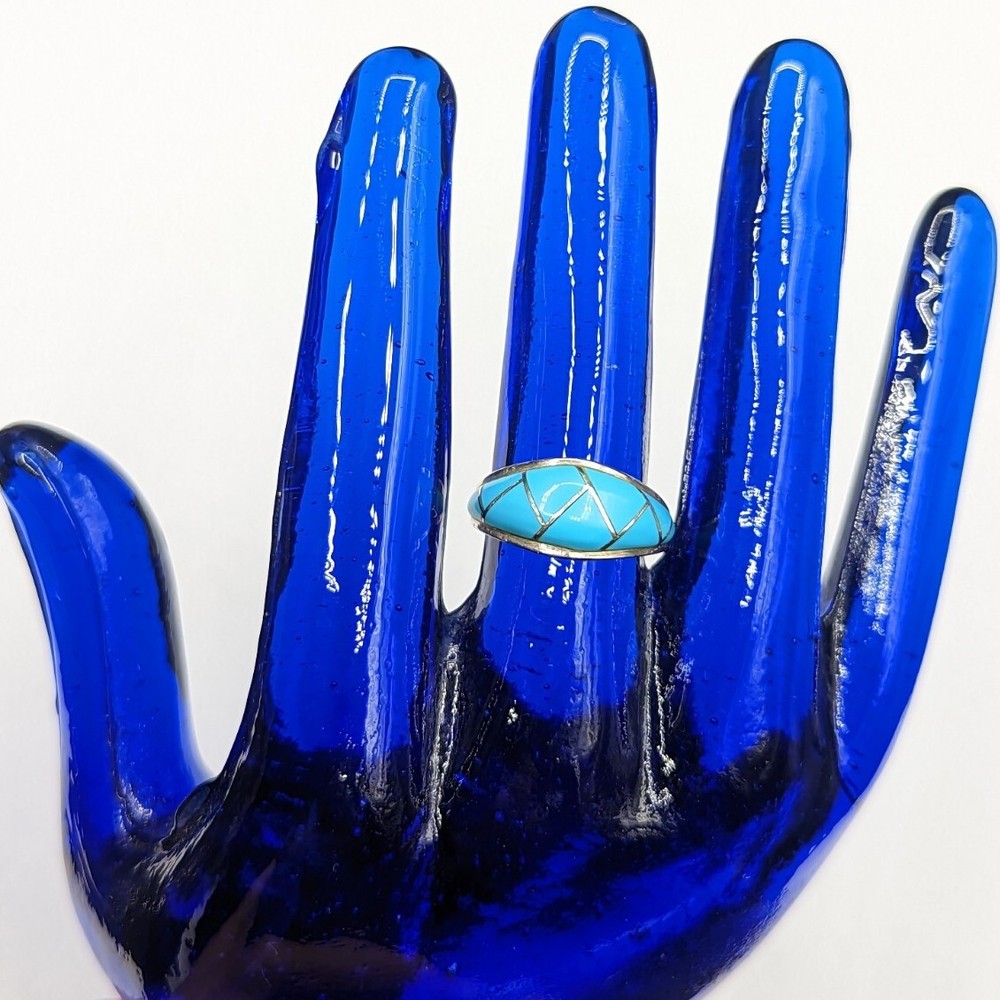 Sterling Silver Signed JJ Turquoise Blue Inlay Zig Zag Ring Size 6