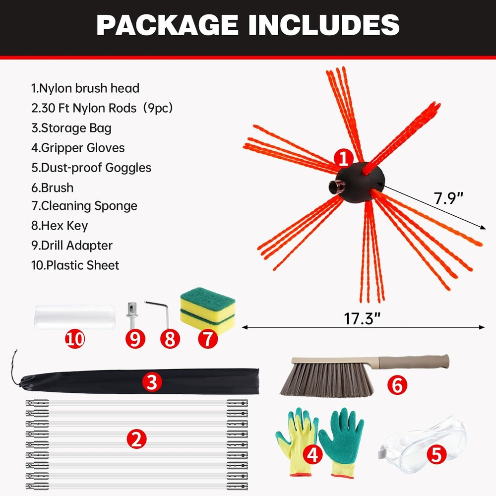 Morinoli 30 Feet Chimney Sweep Kit, Chrome Button Locking System, Chimney Cle...