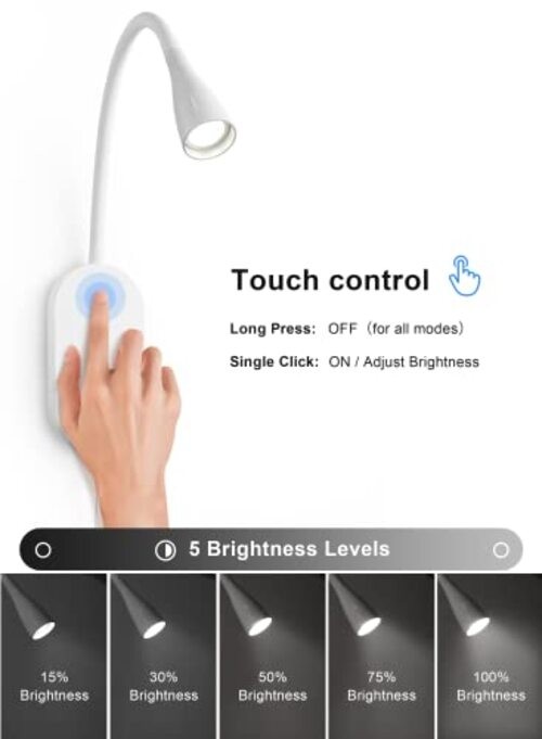 LED Wall Mount Reading Light for Bed, Reading Lamp with USB White-2 Pack