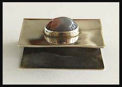 c1920, Signed STERLING MATCH HOLDER - cabochon AGATE (3V26)