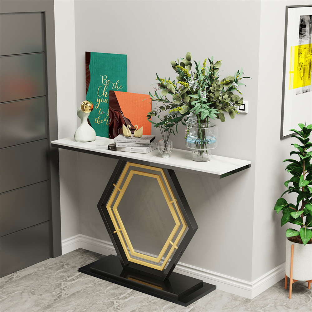 Modern Console Table Sintered Stone entry Table with Geometric/Leaf Golden Base