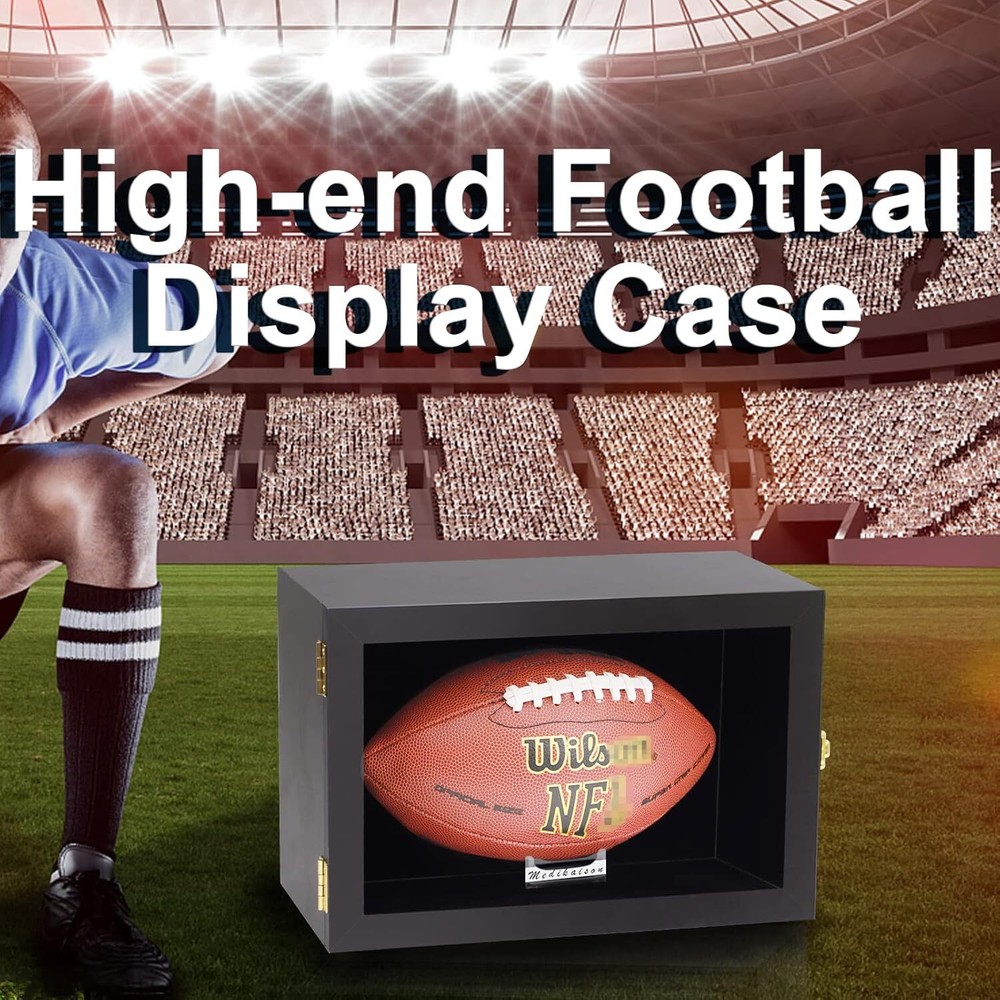Football Display Case Wall Mount Lockable Clear View Single Ball Black, Black