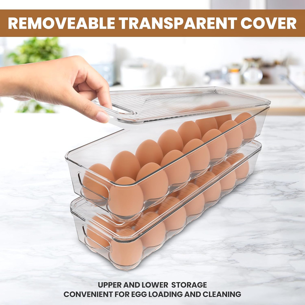 Egg Container with Lid and Handle for Refrigerator Organization- Pack of 2 - Cle