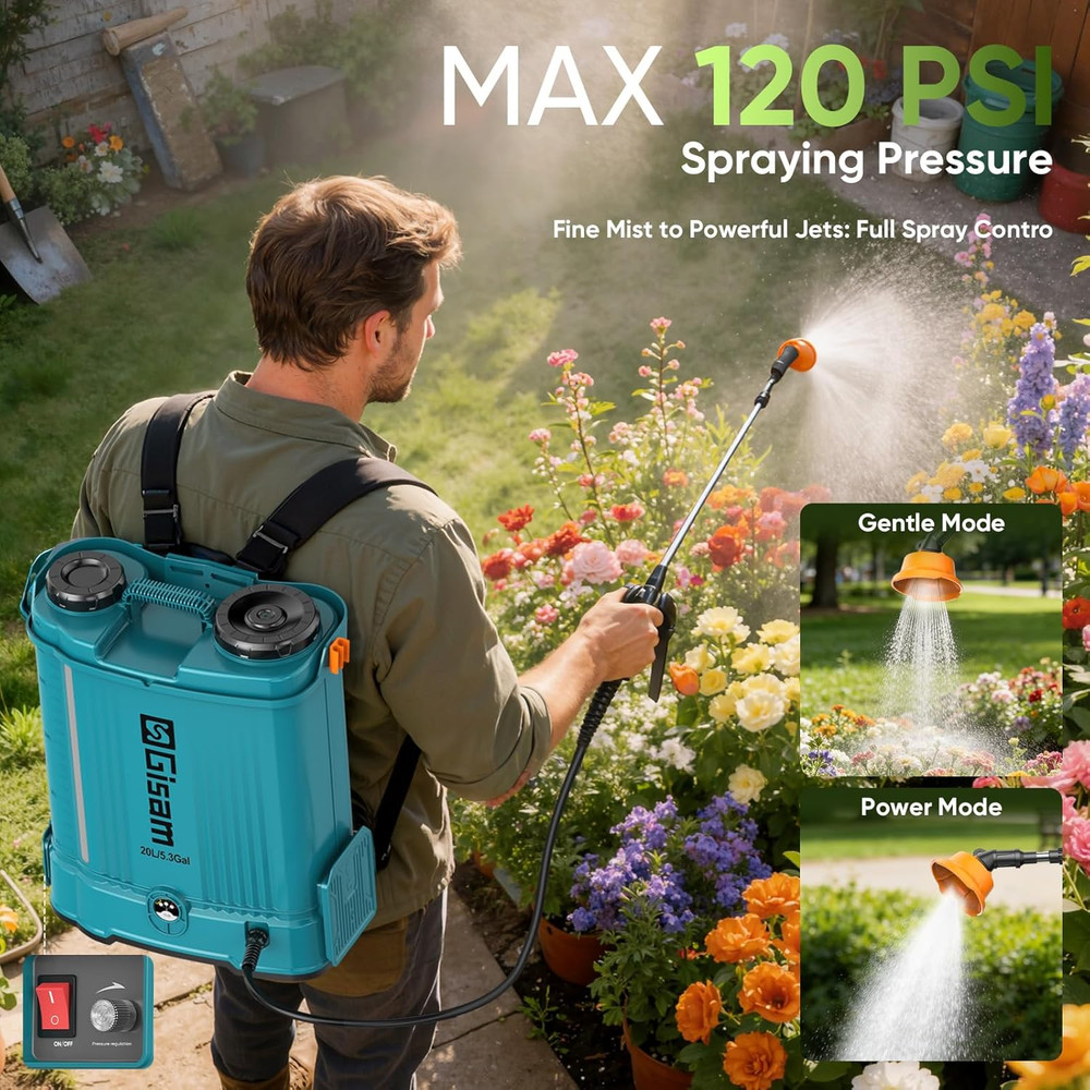 5.3Gal Battery Powered Backpack Sprayer, 120PSI Adjustable Pressure Electric Spr