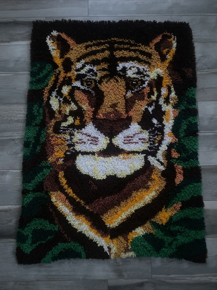 Vintage, Boho Chic Latch Hook Rug, Cool Wall Hanging Retro MCM Tiger Mid Mod