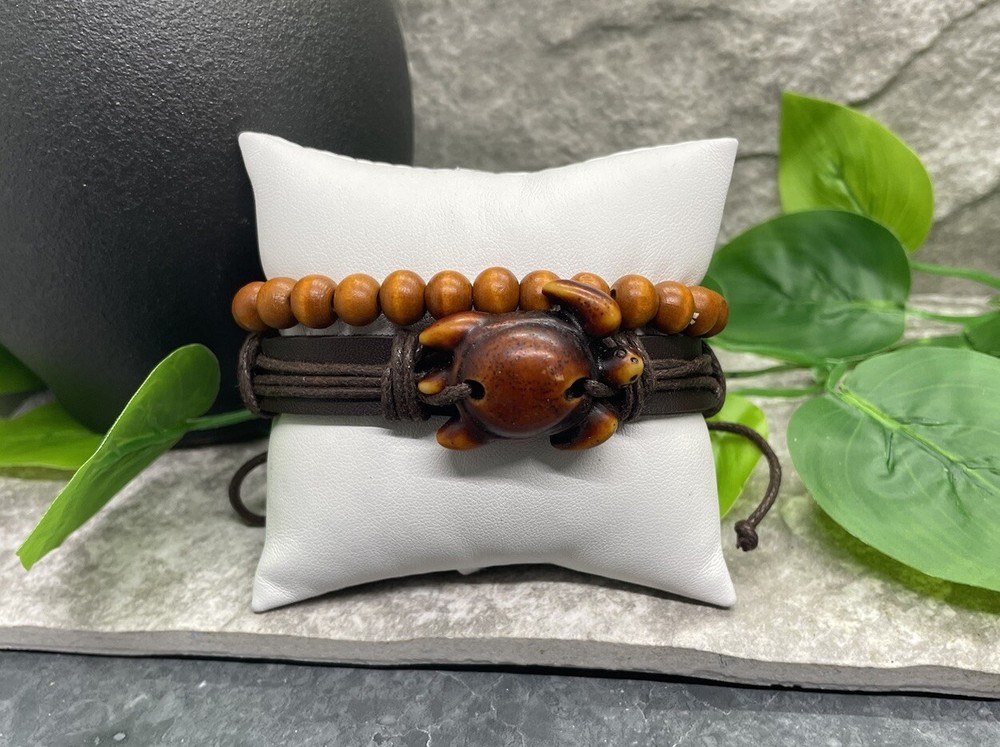 2 PC Faux Leather Bracelet Wood Bead Stackable Adjustable Tie Free Ship B2897
