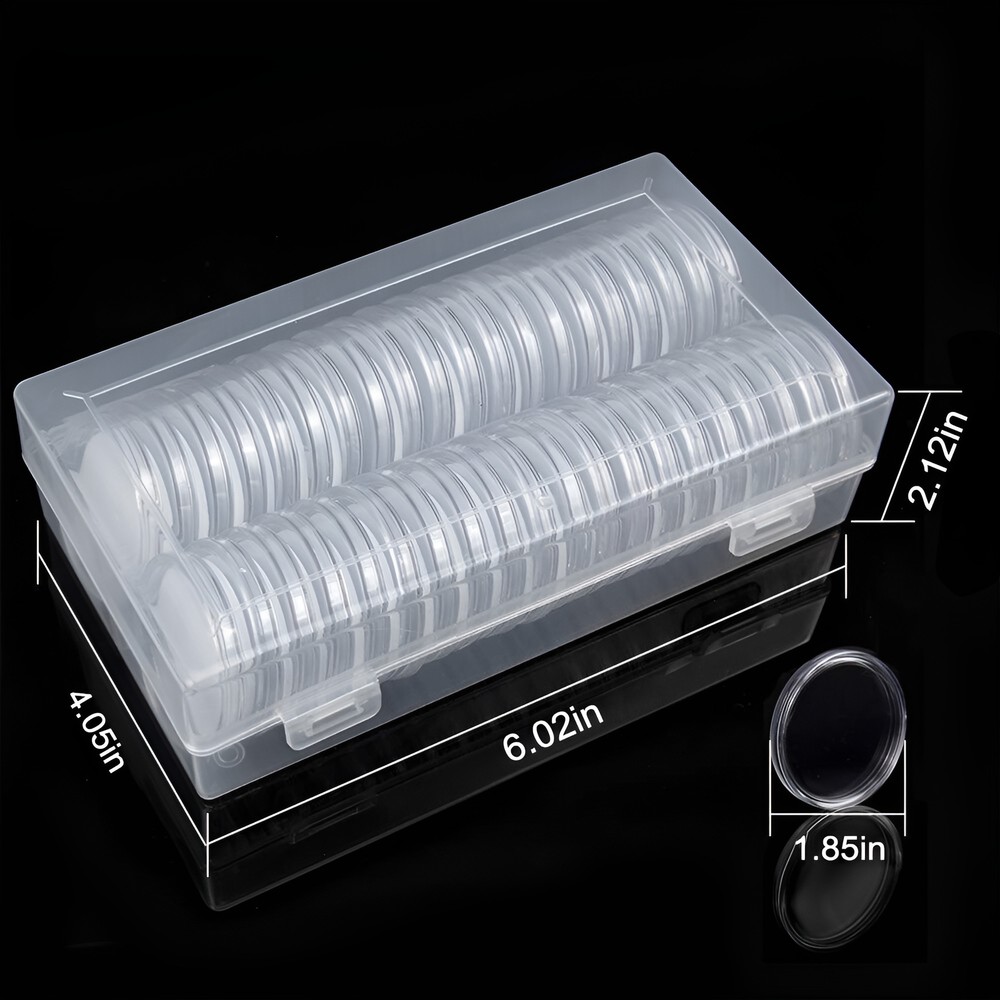 50Pcs 40mm Clear Coin Capsules Storage Box Holder + Case Coins Container