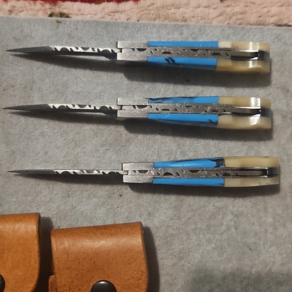 3 Damascus Folding Pocketknives Blue Bone Handle