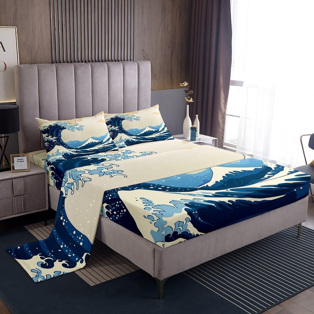 Great Wave Bed Sheets Japanese Ocean Wave Sheet Set, Mount Bed Sheet with Art...