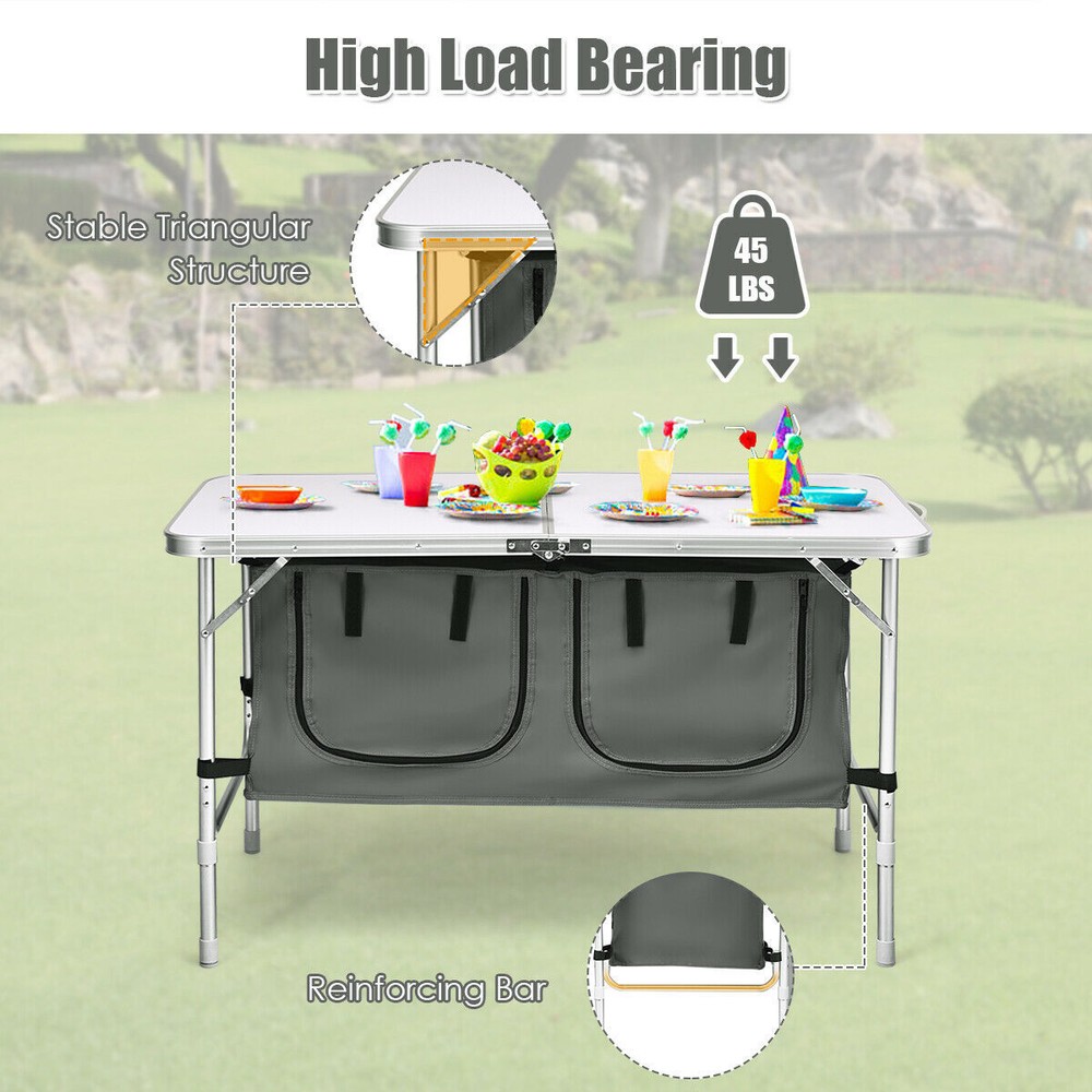 Folding Camping Table Aluminum Height Adjustable w/ Storage Organizer Grey
