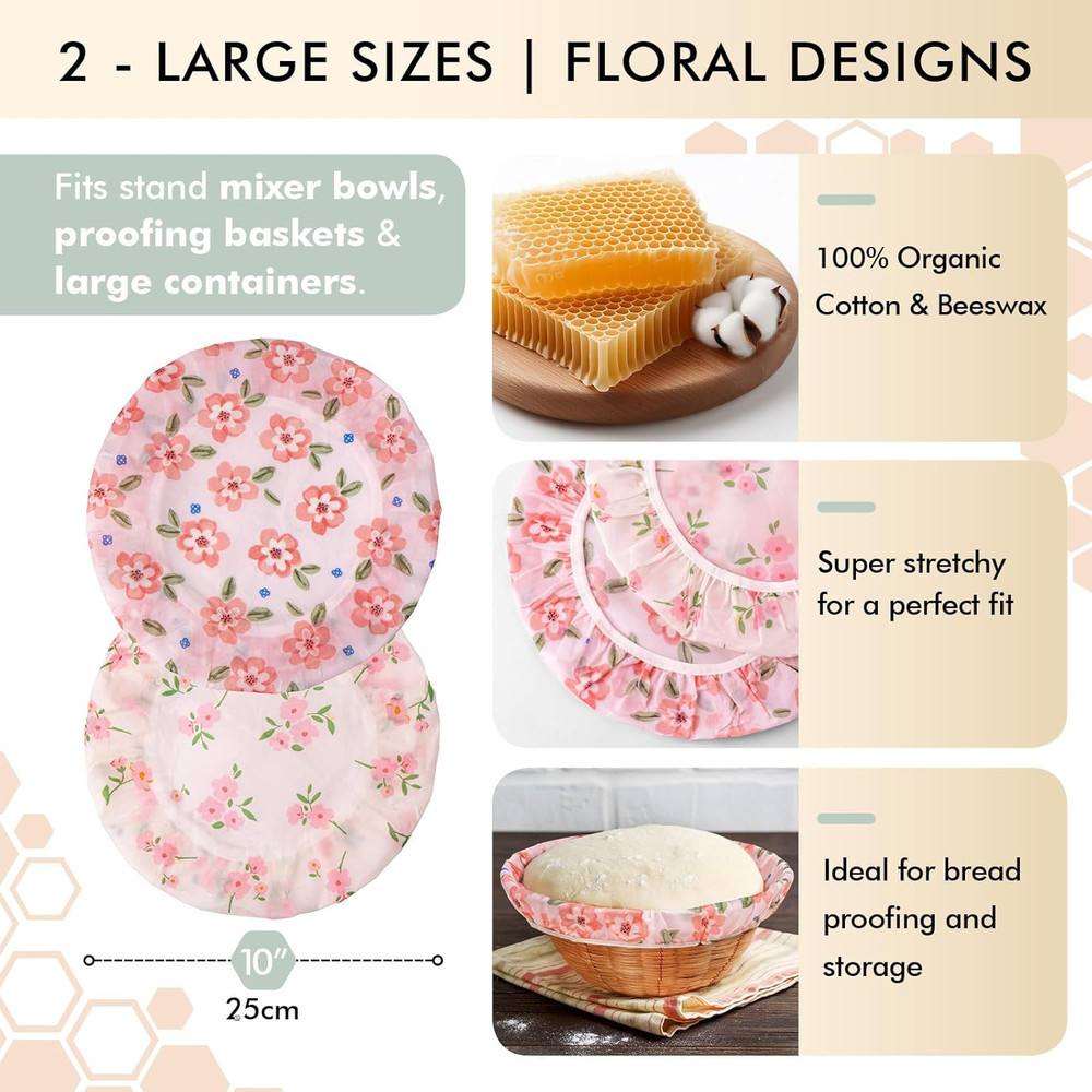 Reusable Beeswax Bowl Covers 2 Large Bread Proofing Baskets 12" Elastic Cotton