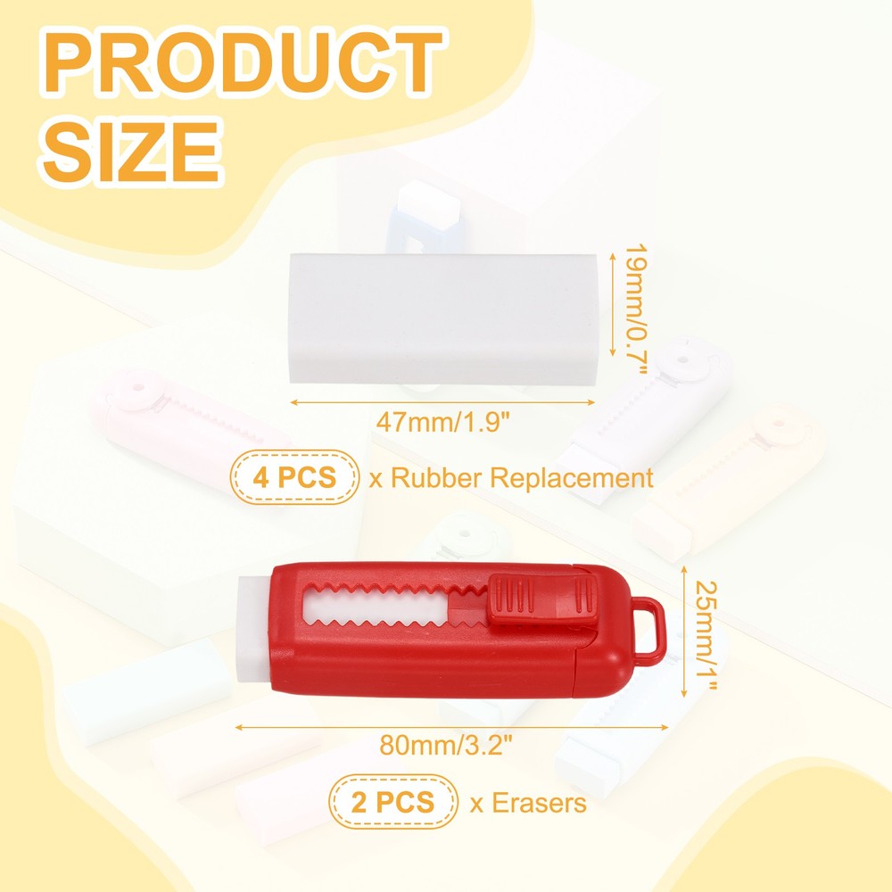 2+4Pack Erasers, Sliding Retractable Eraser Push Pull Pencil Erasers, Bright Red