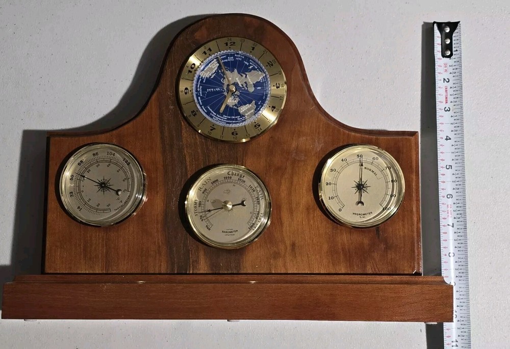 Weather Station With World Clock On Solid Wood Base, Thermometer, Barometer,...