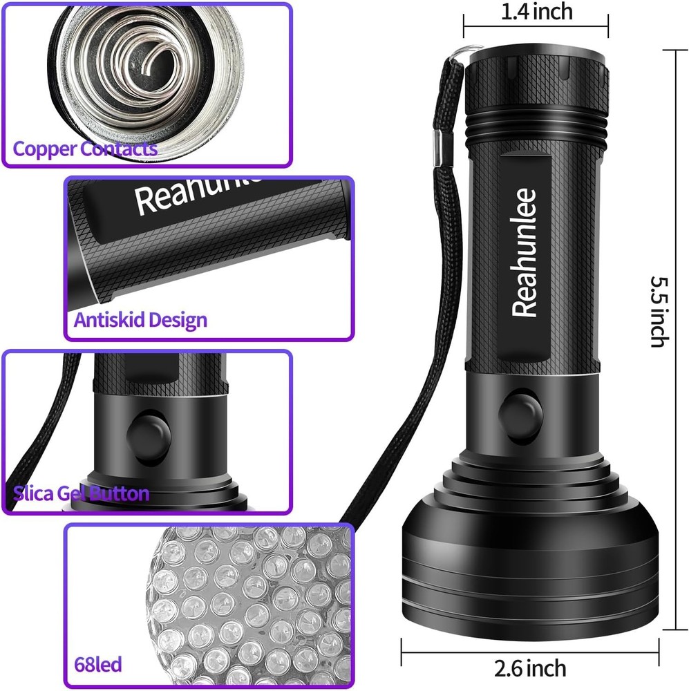 Professional UV Leak Detector Flashlight - 68 LEDs, Includes Glasses, 20 Hours
