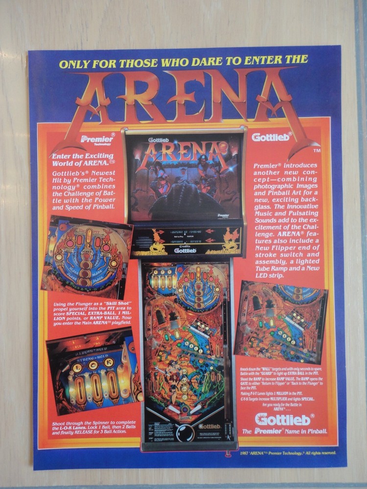 Arena Pinball Machine Flyer Original Magazine Pull Out Ad