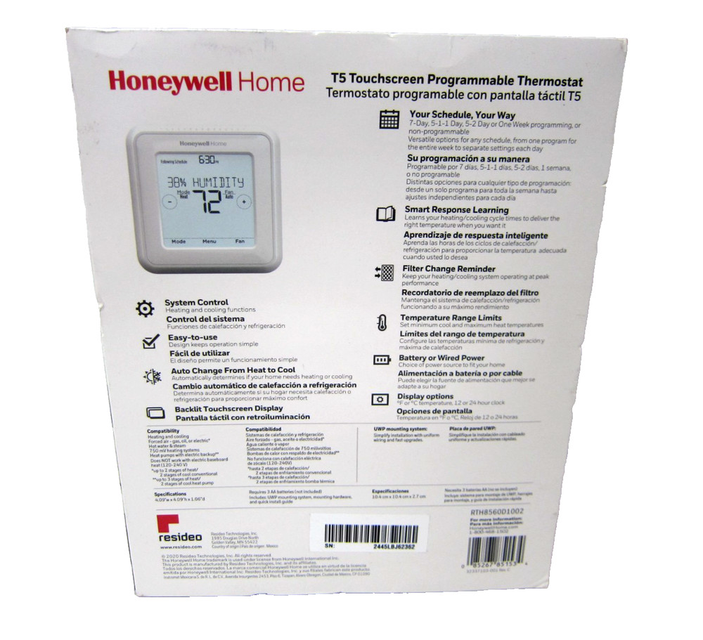 Honeywell Home T5 7-Day Programmable Thermostat with Touchscreen Display-NEW