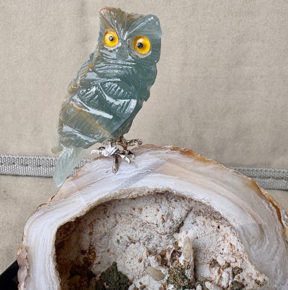 Blue Calcite Owl on Geode 4 1/4 " -Peter Muller