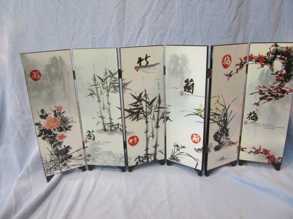 CHINESE 6 PANEL FOLDING BLACK LACQUER DESK SCREEN MUME ORCHID BAMBOO