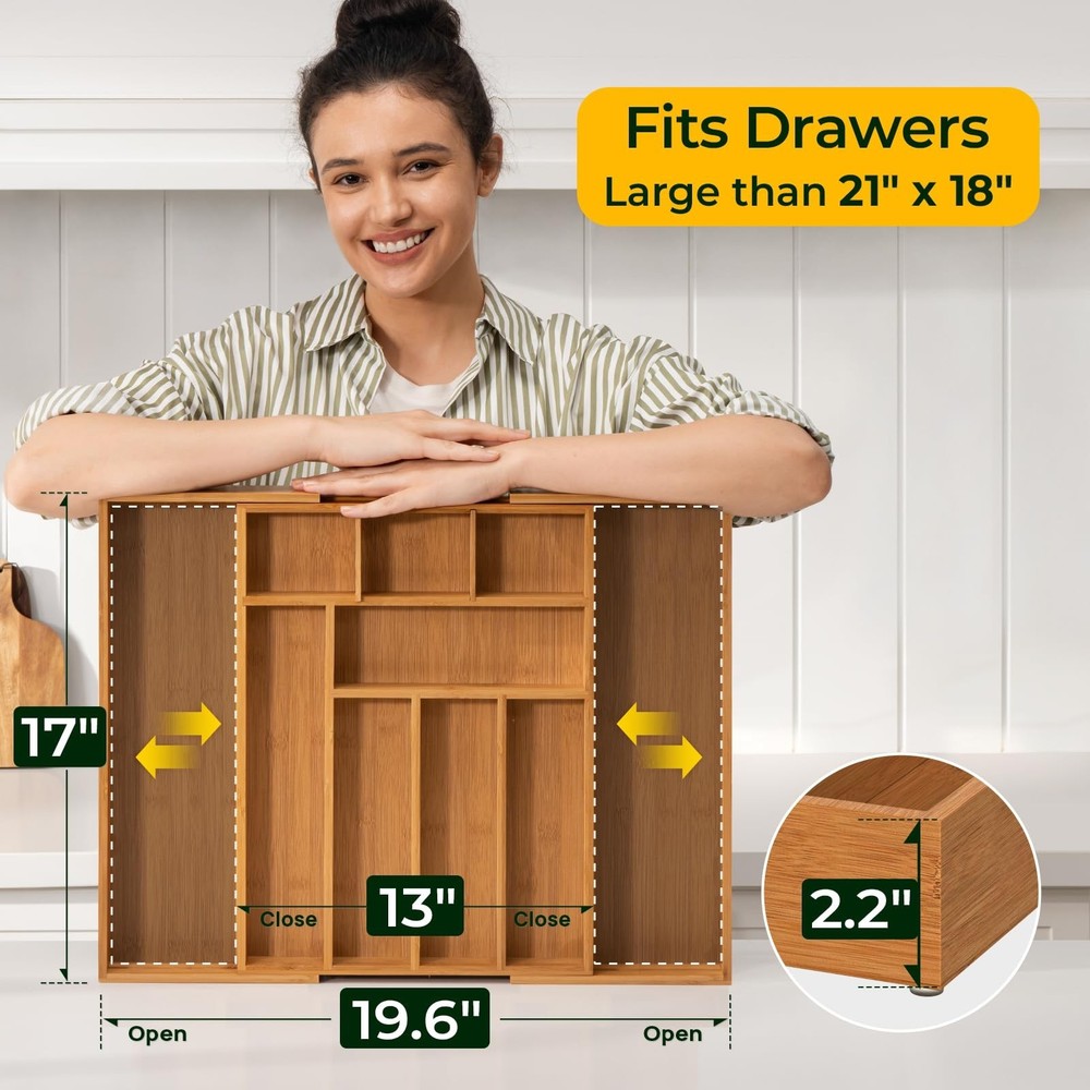 Carbonized Bamboo Kitchen Drawer Organizer, 10 Slots Expandable Silverware Or...