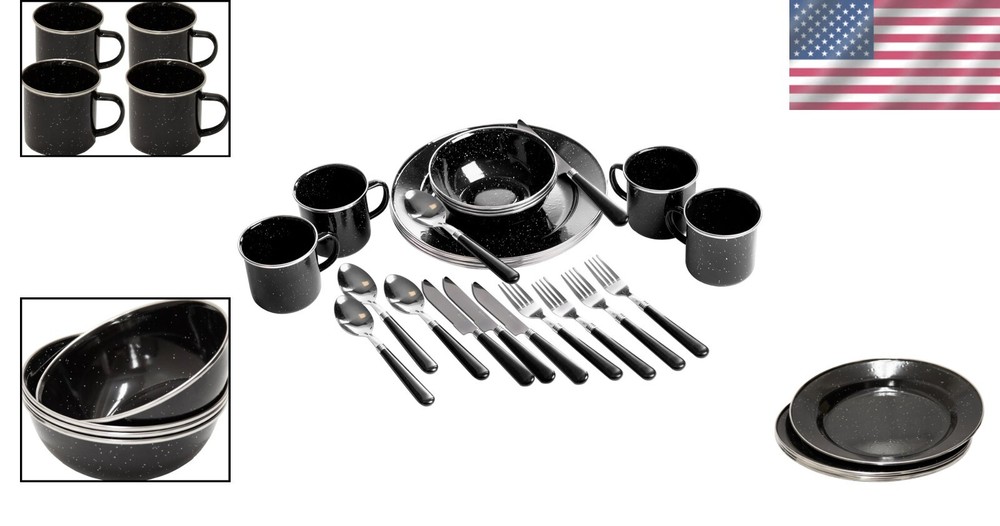 Portable 24-Piece Camping Tableware Set - Includes Plates, Mugs & Utensils