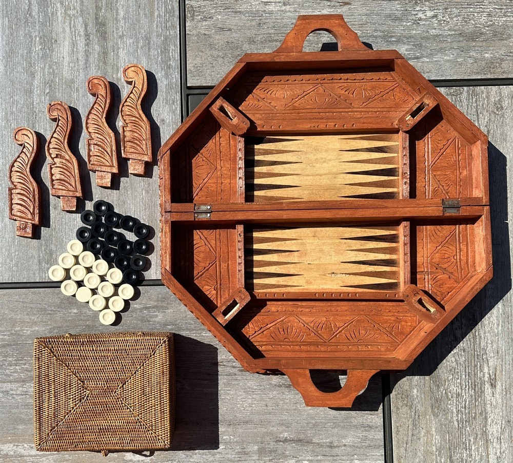 Bali Carved Wood Chess Decorative Case Board Backgammon Game Set