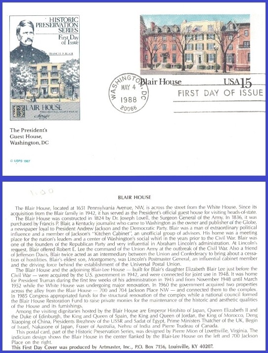 USA3 #UX121 U/A ARTMASTER FDC   Blair House