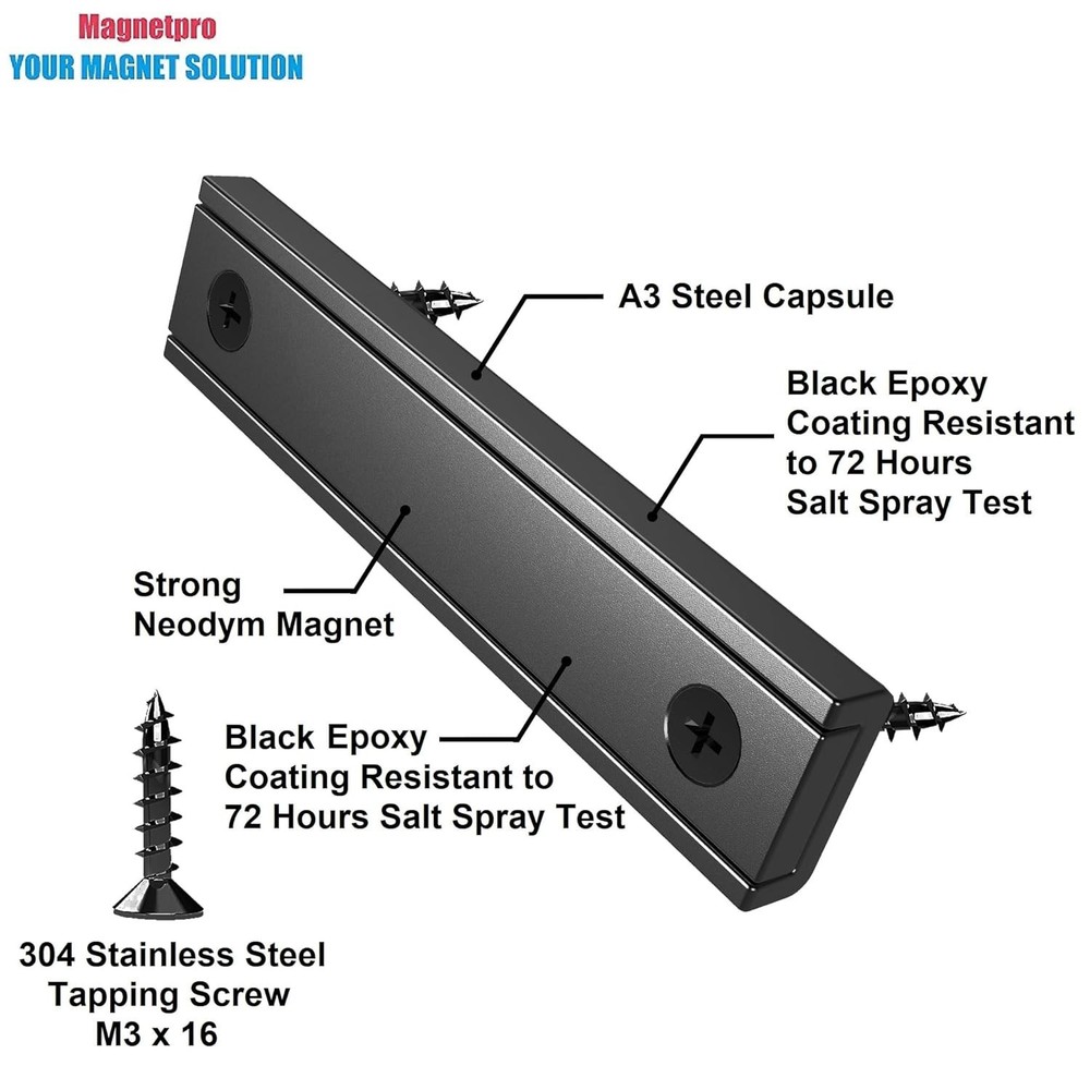 Rectangular Magnets 80 LBS Force Size 2.36" x 0.53" x 0.20" Black Epoxy Coati...