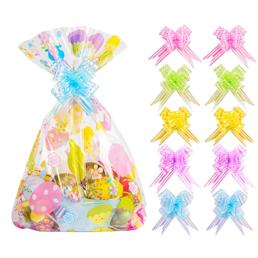 40pcs Easter Cellophane Bags Pull Bow Set 20 pcs Easter Basket Bags Wine Bott...