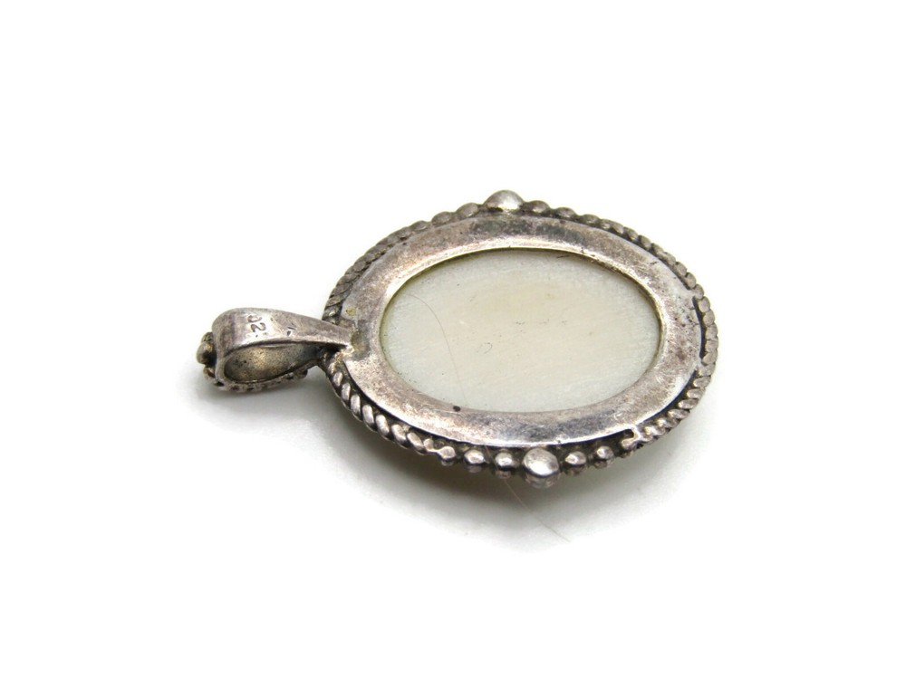 Mother of Pearl Charm Oval Shape Square Patterned Silver Tone