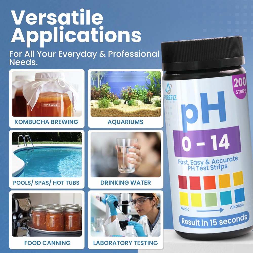 pH Test Strips 0-14 | 200 Universal Strips for Fast, Accurate pH Testing | Li...