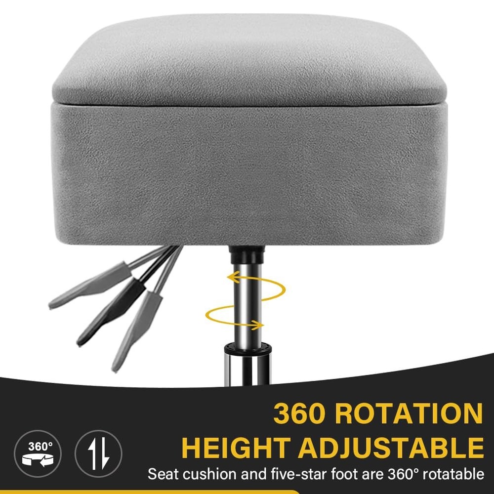 Adjustable Vanity Stool with Storage Velvet 360° Swivel Makeup Stool Small Ot...