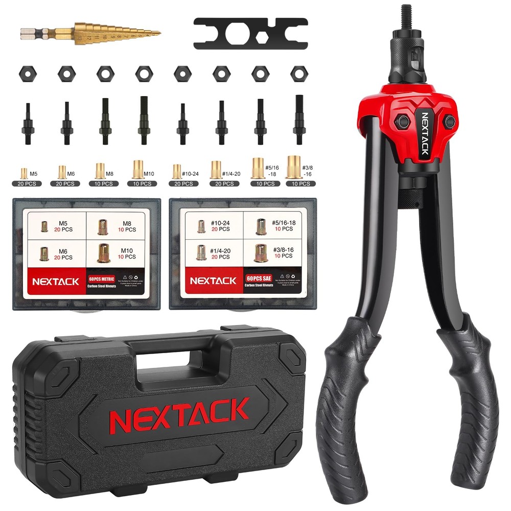 NEXTACK Rivet Nut Tool Kit 13-inch Rivnut Kit/120 Nutserts, Red & Black