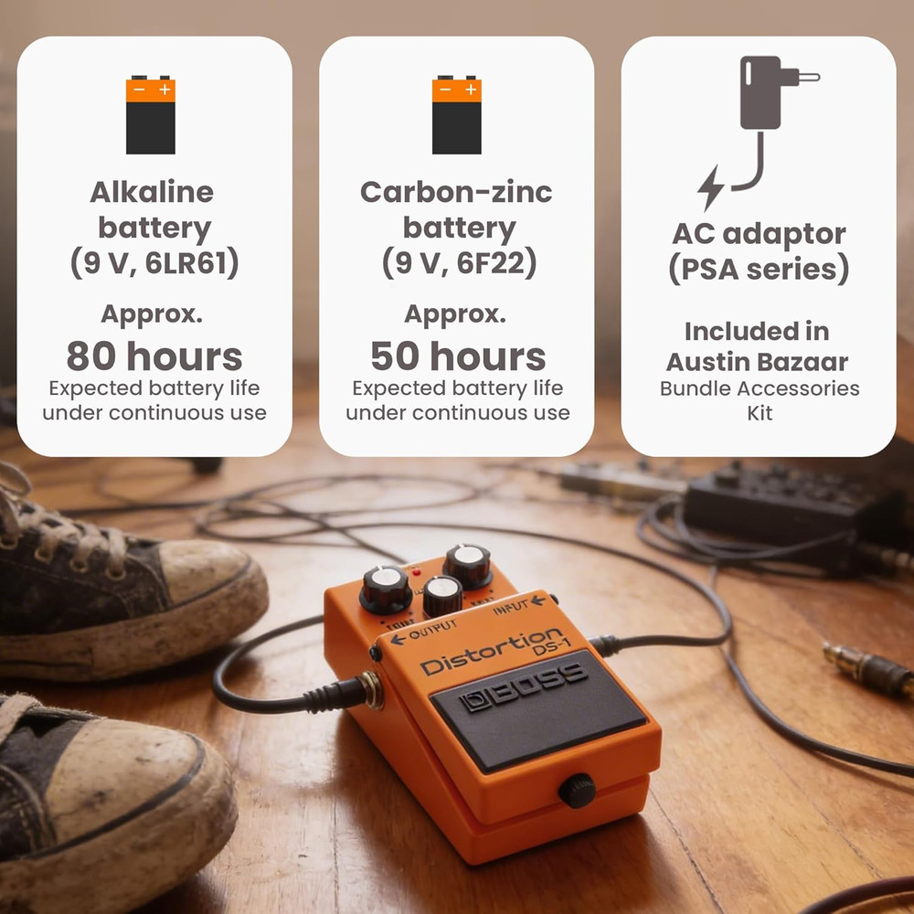 DS-1 Distortion Bundle with Gearlux Power Supply, Instrument Cable, Patch Cable,