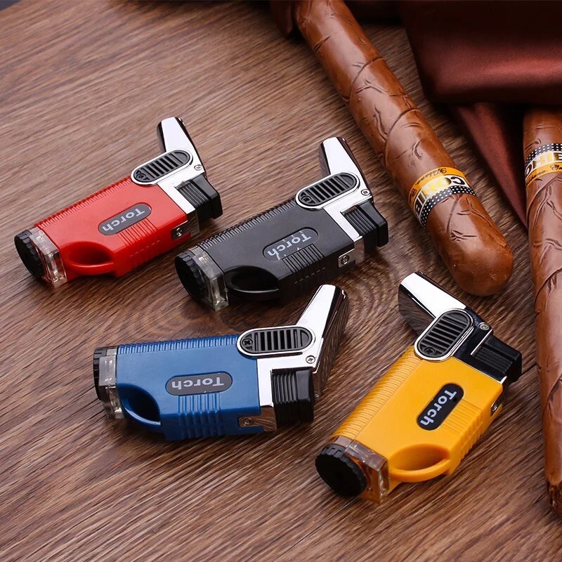 Double Flame Gun Jet Torch Lighter Windproof Cigar BBQ Torch Refillable - BLUE