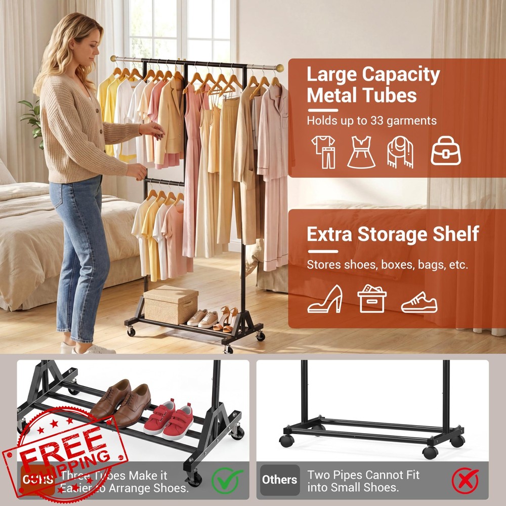 Rolling Clothing Rack Taller Retractable Shelf Lock Casters