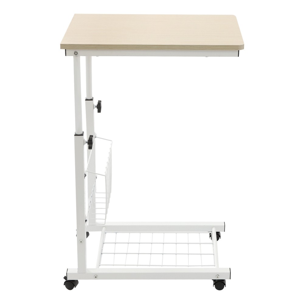 2 Tiers Adjustable Bed Side Table Thickened Mobile Standalone Table w/ Wheels