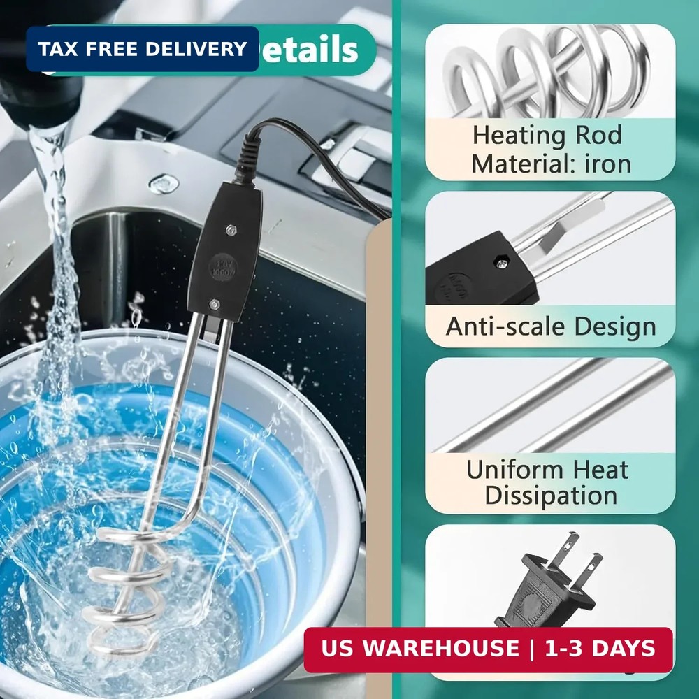 2 Pcs 1000W-110V Immersion Water Heater - 10in Immersion Electric Water Heater -
