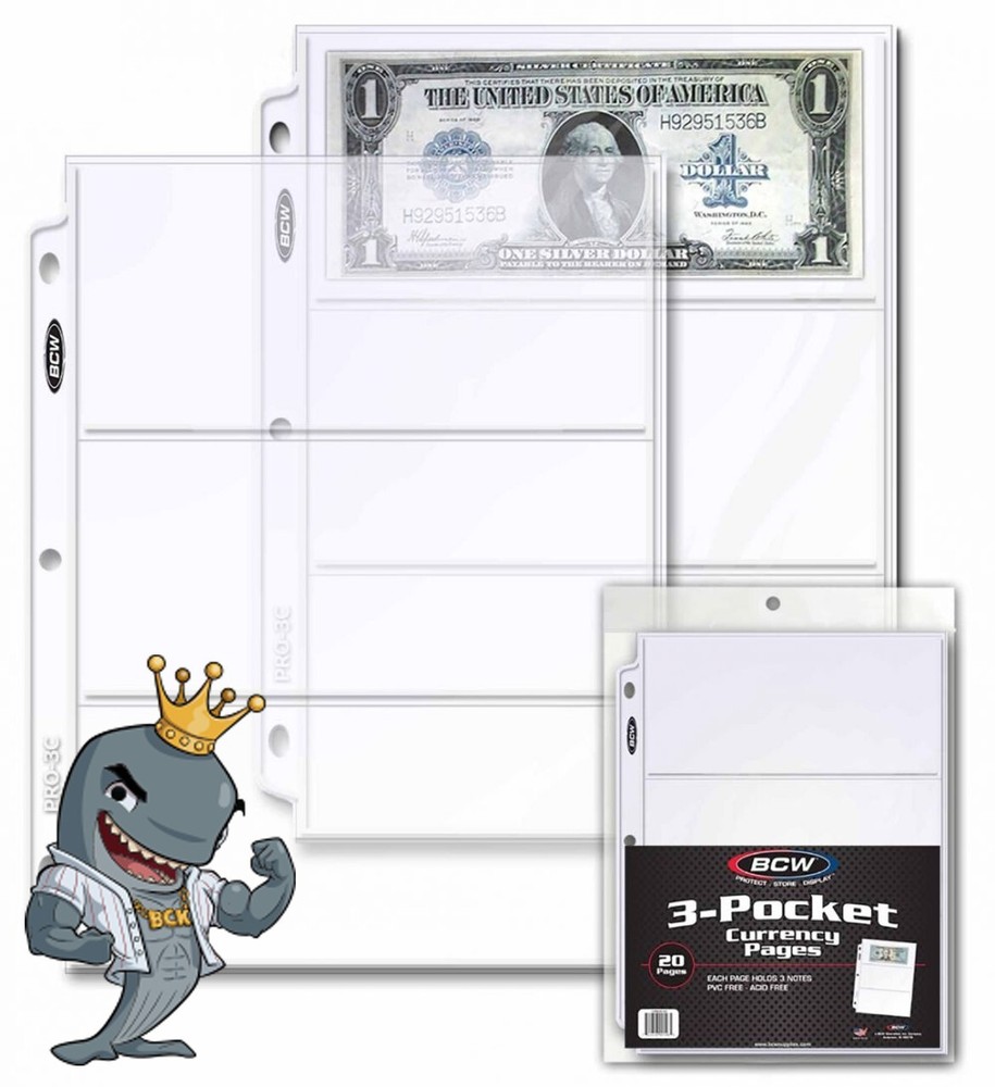 BCW Pro 3-Pocket Currency Page 20ct Pack FREE SHIP