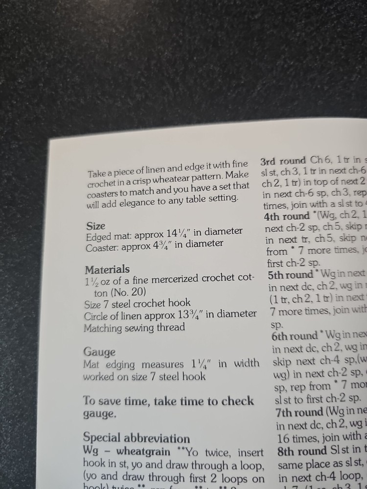 Marshall Cavendish Wheatear Mat & Coasters Vintage Crochet Pattern