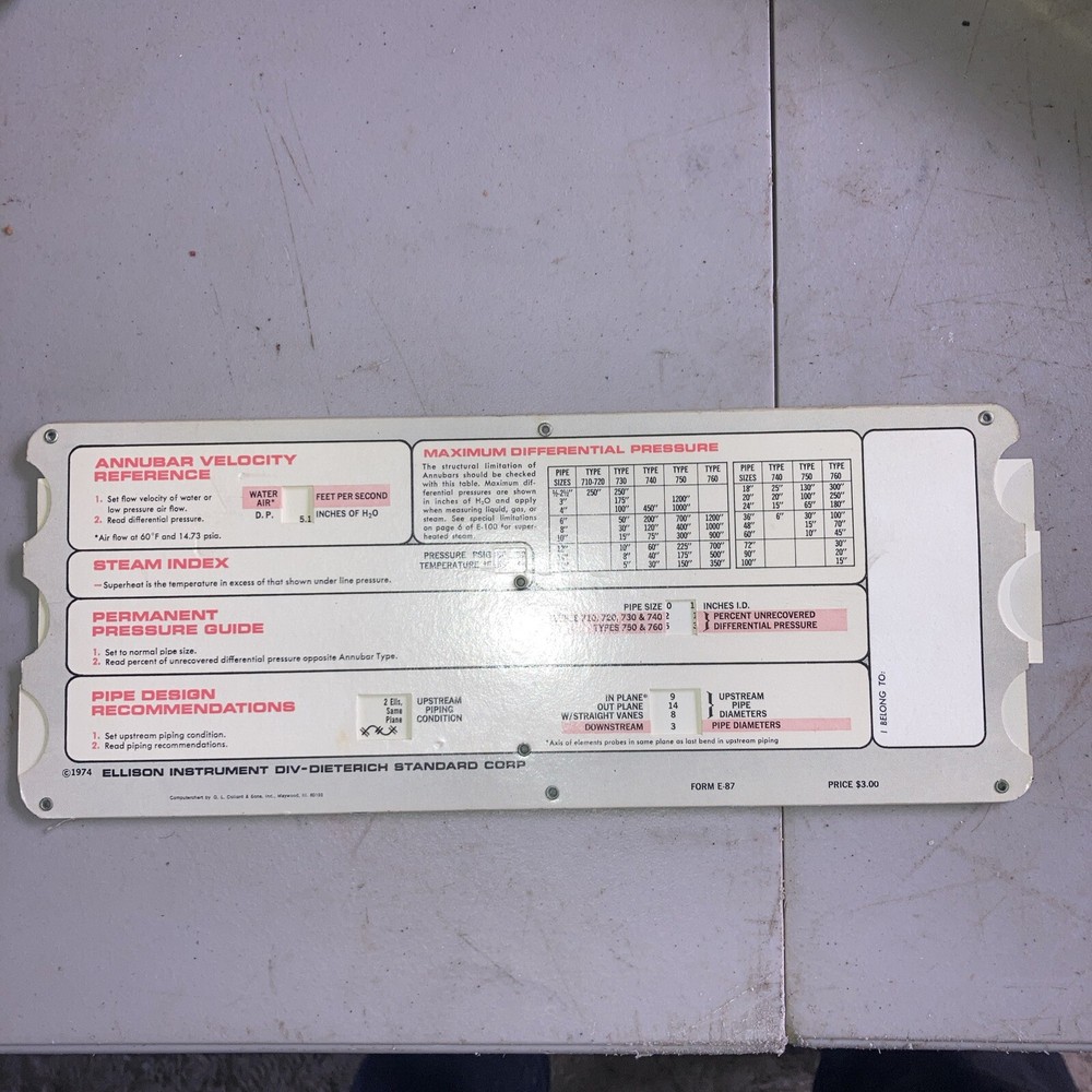 1974 Ellison Instrument - Annubar Flow Engineering Calculator