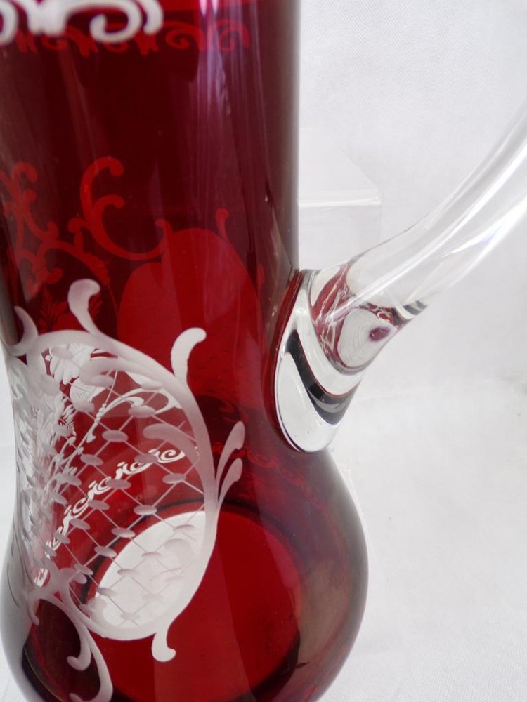 Vintage flashed ruby glass jug cut to clear W10