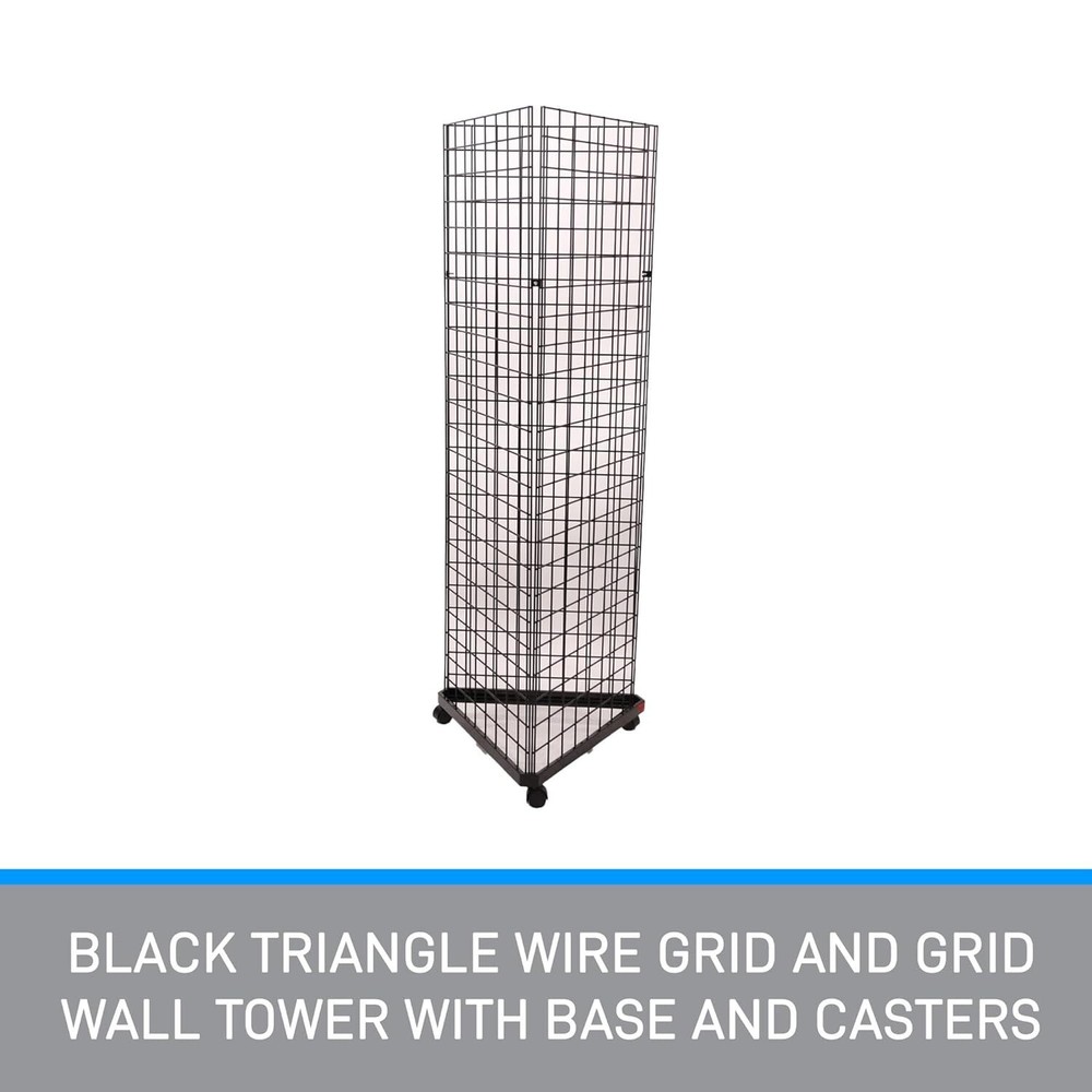 Wire Grid Triangle Tower Display Rack Casters Rolling Casters Black 2' x 6 ½' H