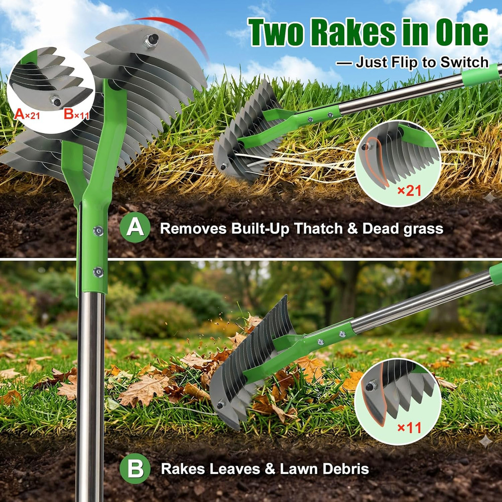 Heavy Duty Thatch Rake for Lawns - 13” Deep-Clean Dethatching Rake for Dead Gras