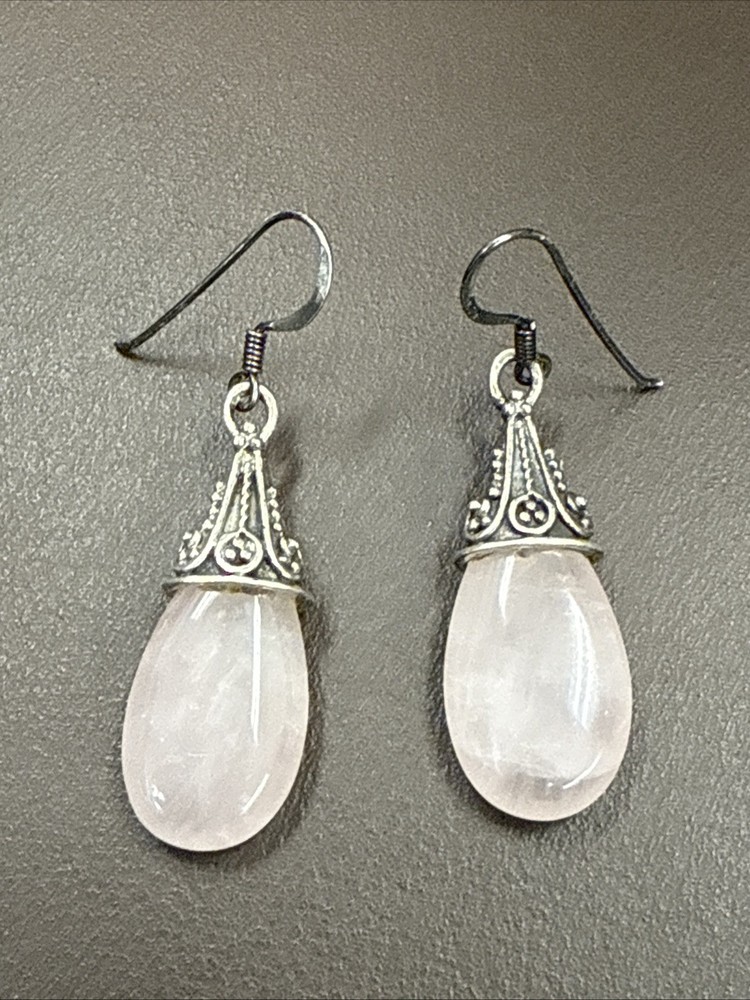❤️Tibetan Rose Quartz Dangle Etched Silver Teardrop 1 5-8” Dangle Earrings