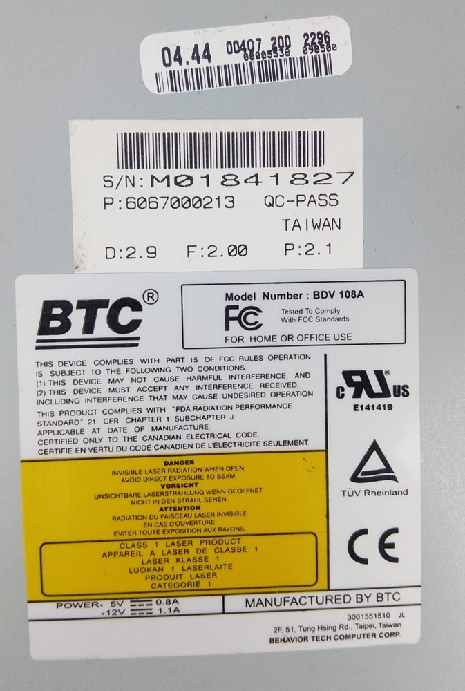BTC BDV 108A White IDE PATA DVD Drive CD Player