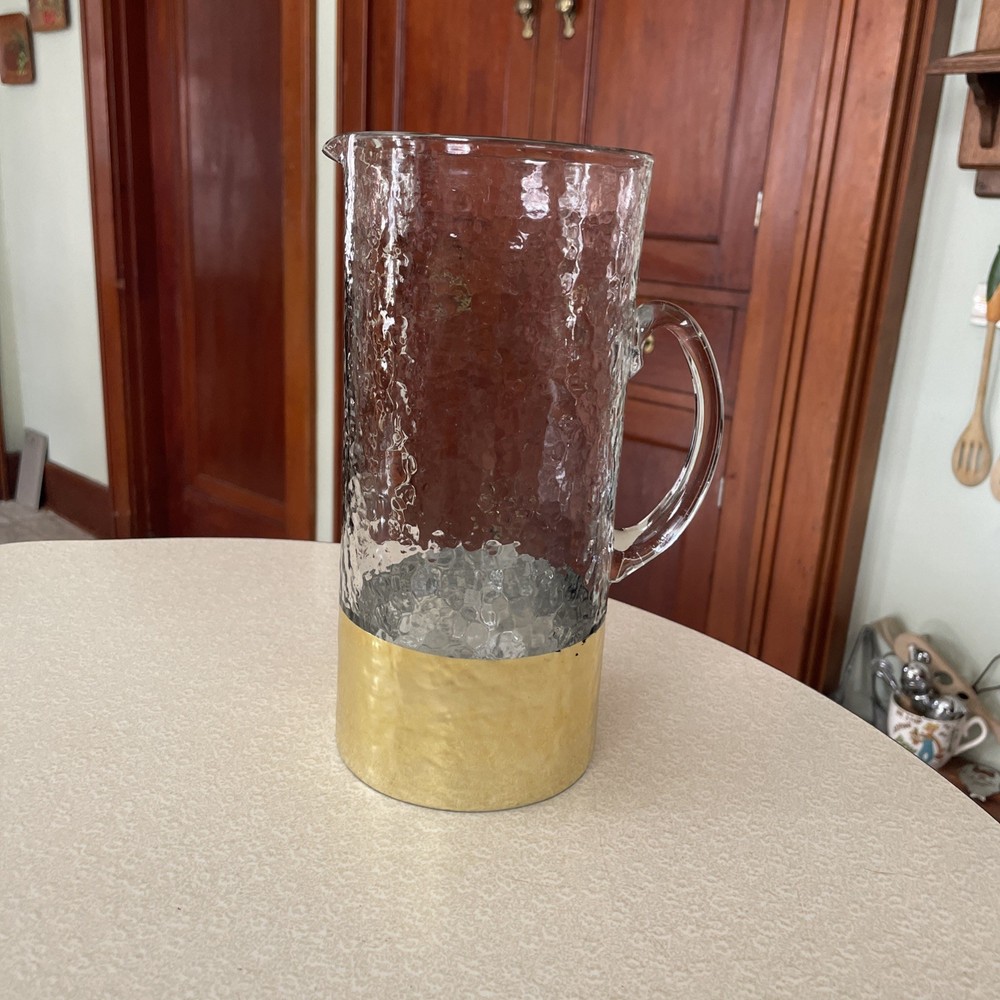 Mud Pie? Clear Hammered Glass Gold Ring Base Pitcher Handle 9.5”