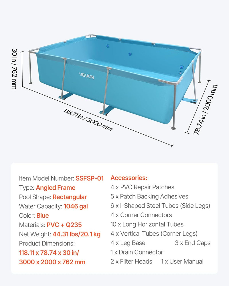 Easy Assembly Rectangular Above Ground Pool, 118"x78"x30", 1046 Gallons