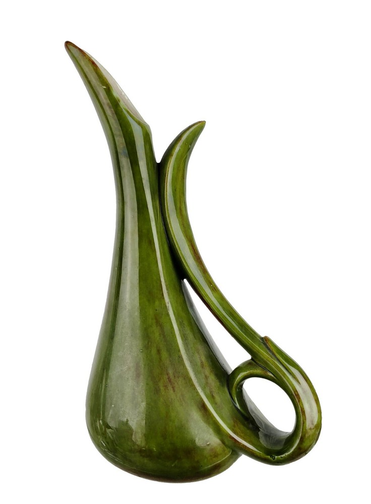 Vtg Ceramic Double Loop Handle Pitcher 12.5" Green w/ Applied Pink Flowers