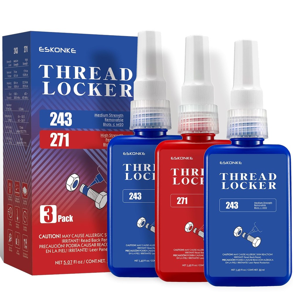 3 Pack Thread Locker Blue 243 + Red 271 Removable & Permanent Locking 5.07 Fl...